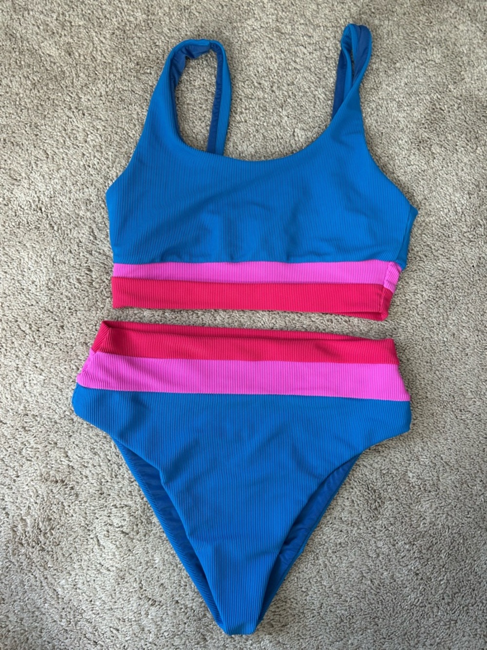 Beach Riot Blue Bikini with Hot Pink Ribbed Trim
